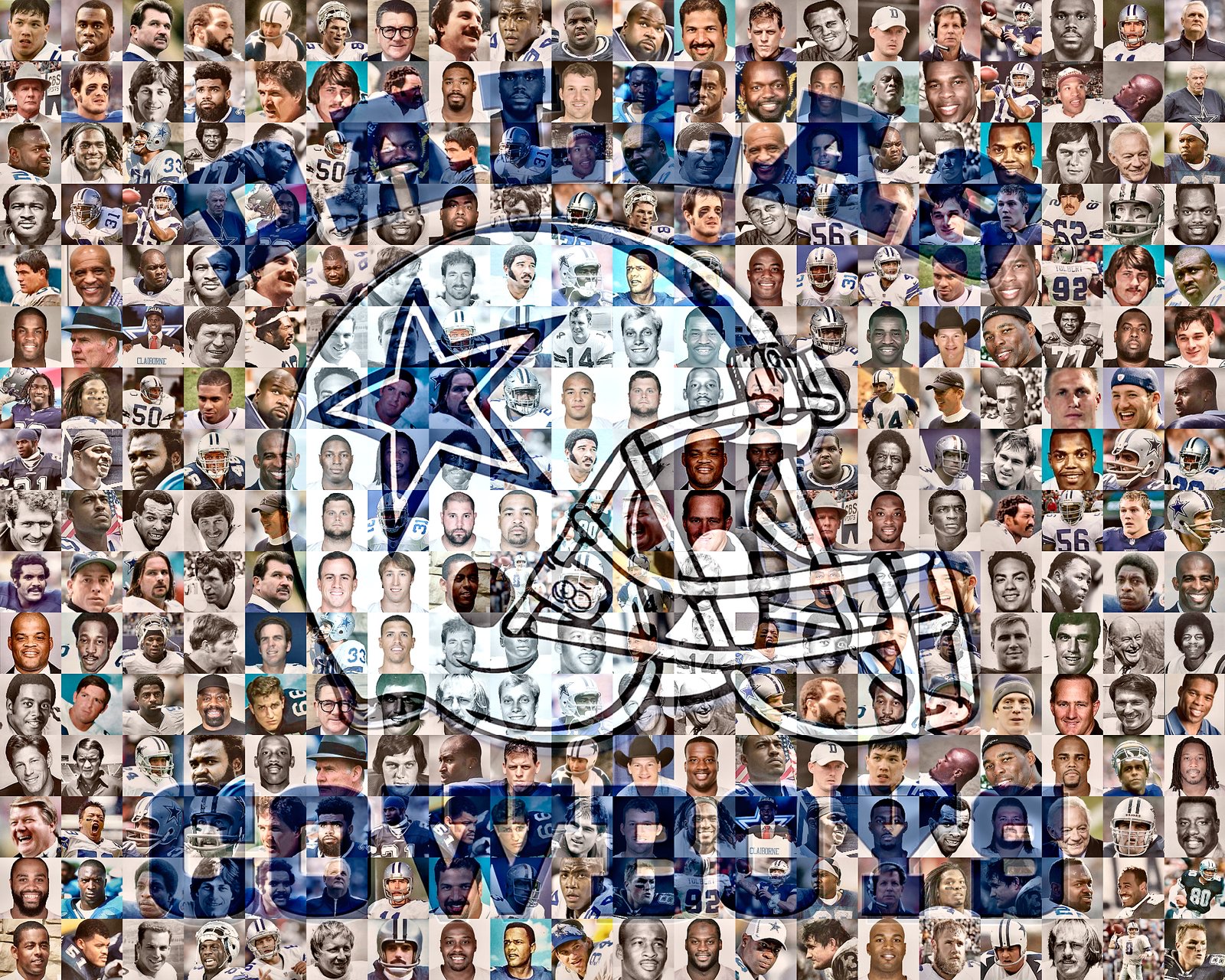 A collage of Dallas Cowboys players with a helmet overlay.